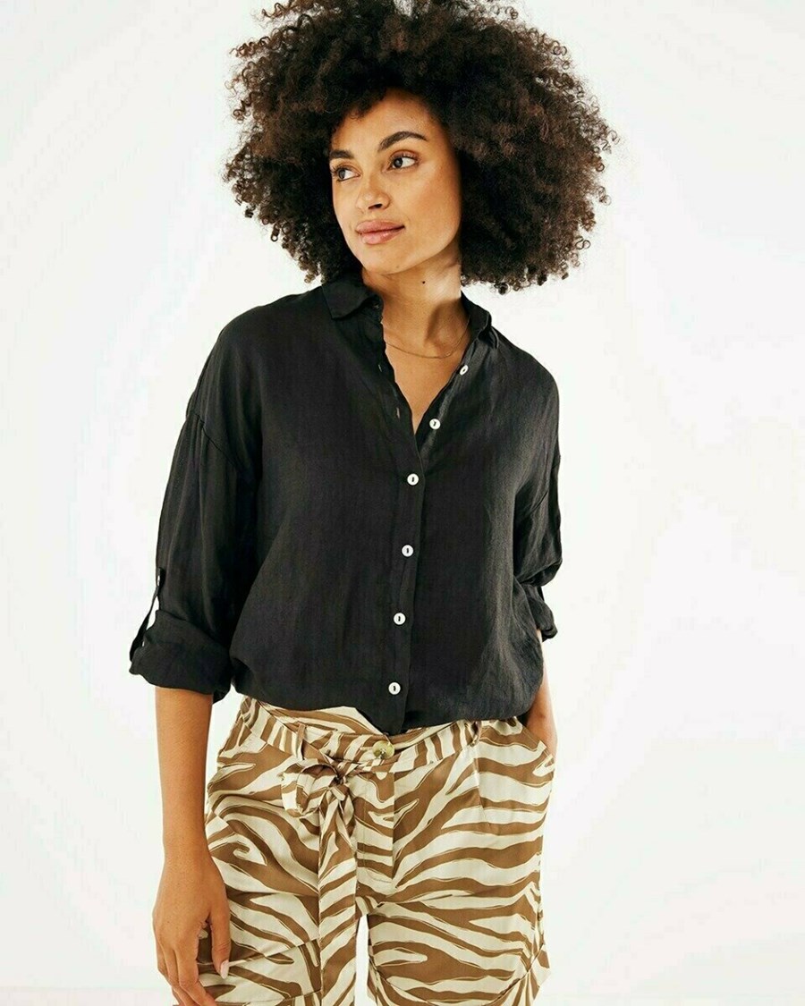 Mexx Longsleeve linen blouse Black Czarne | RIBSV8732