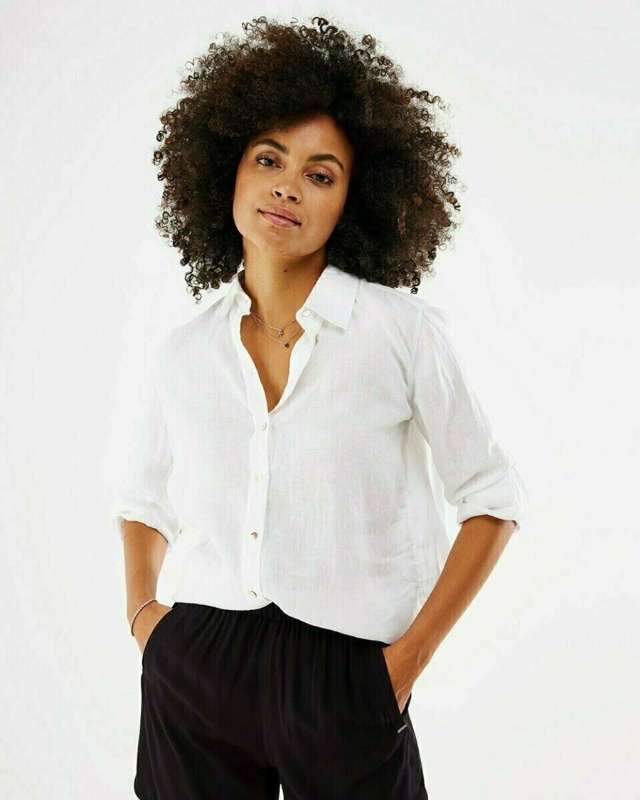 Mexx Longsleeve linen blouse White Białe | CQADW0256