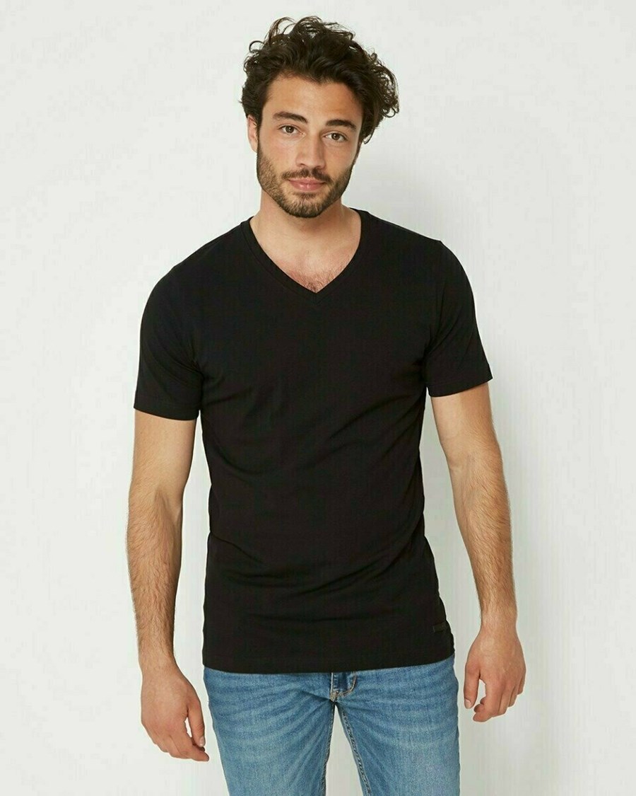 Mexx Men T-Shirt V-Neck Rubber Patch Black Czarne | JIDCS9408