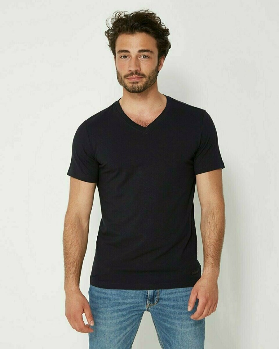 Mexx Men T-Shirt V-Neck Rubber Patch Navy Niebieskie | JBCIN0523
