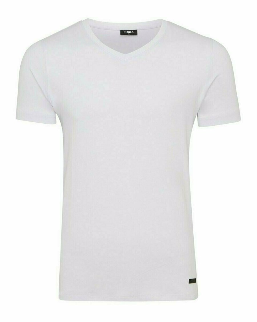 Mexx Men T-Shirt V-Neck Rubber Patch White Białe | NXRIS8162