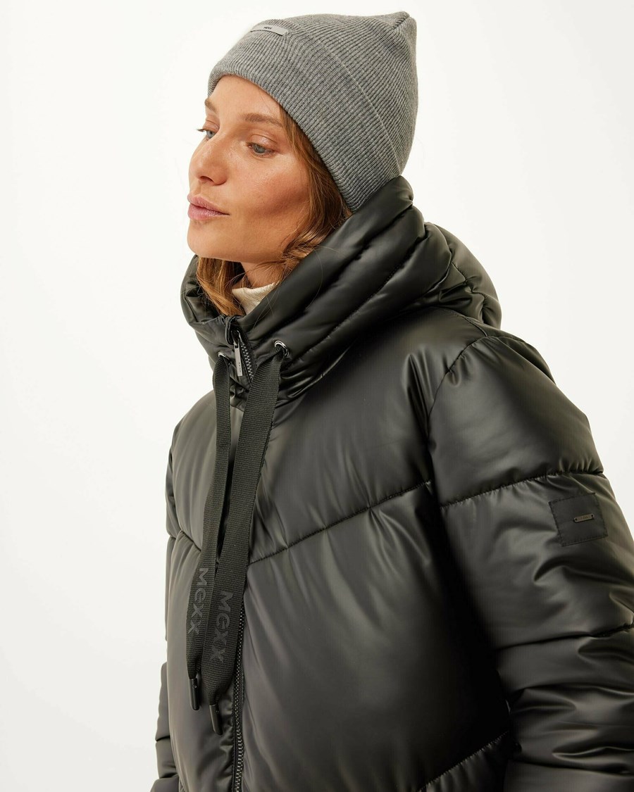 Mexx Stretch PU hooded midi length puffer Black Czarne | LZUQB3402