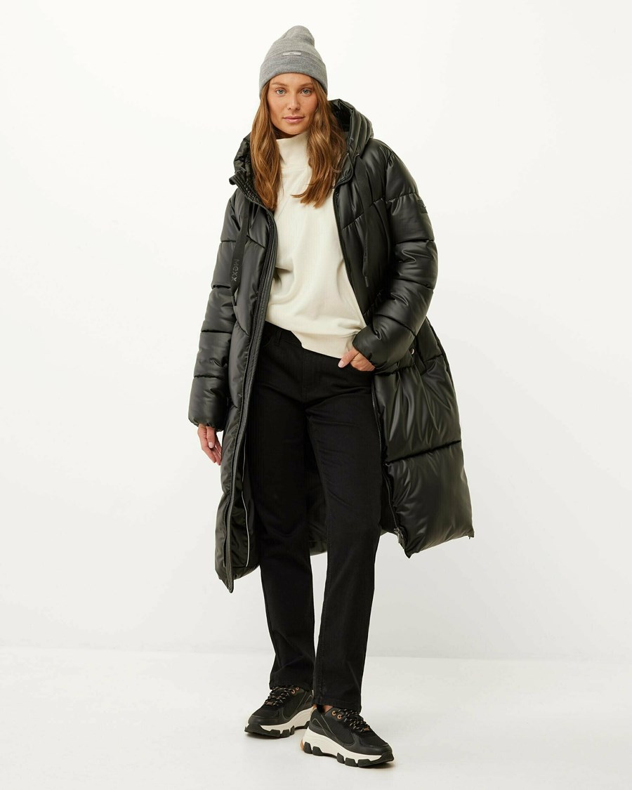 Mexx Stretch PU hooded midi length puffer Black Czarne | LZUQB3402