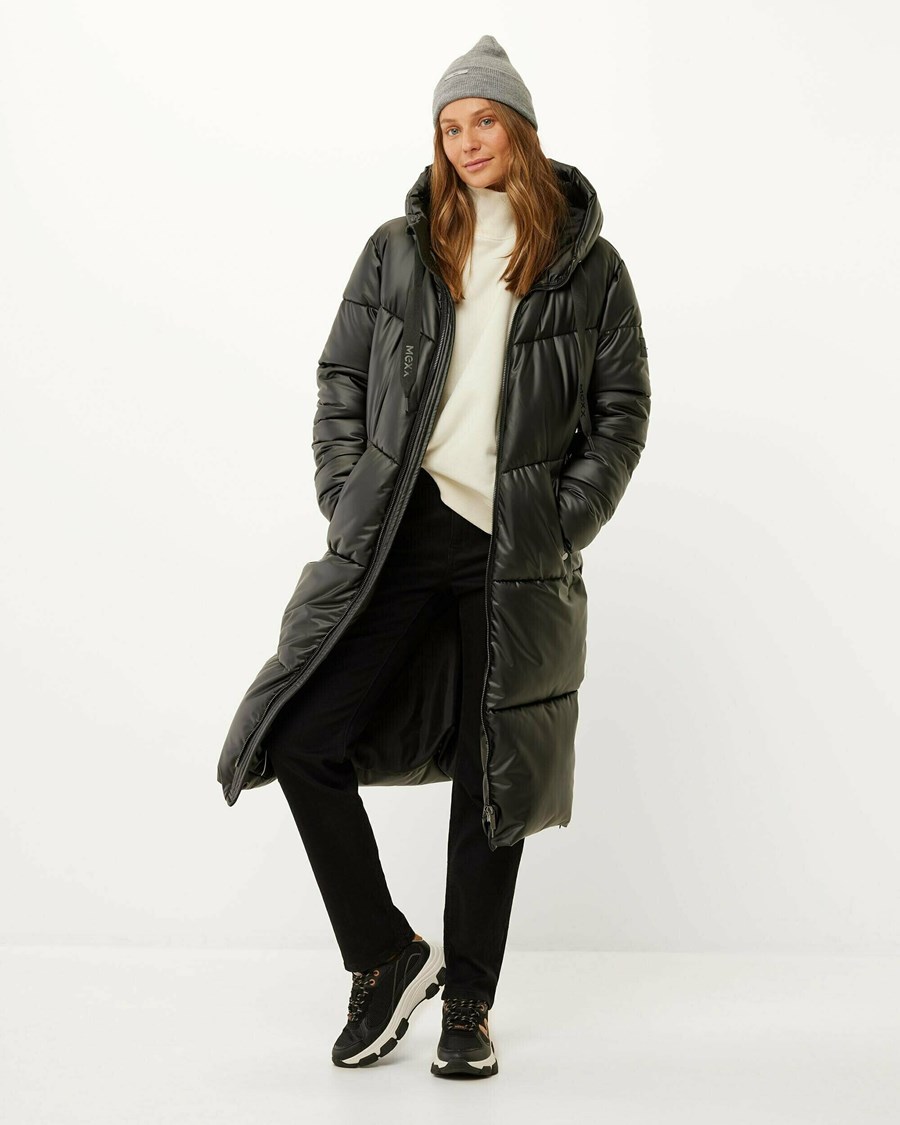 Mexx Stretch PU hooded midi length puffer Black Czarne | LZUQB3402