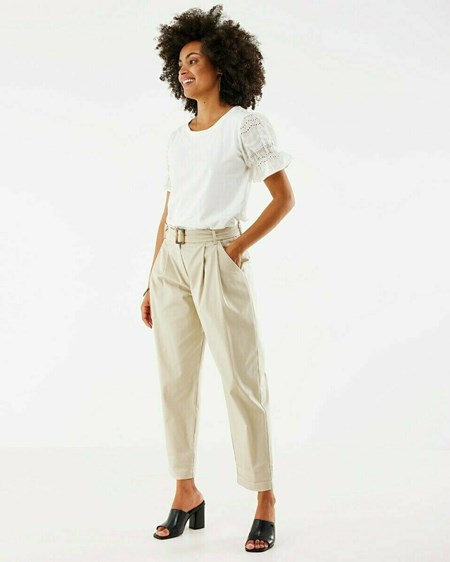 Mexx Broidery sleeve tee Off white Białe | TUGSC9174